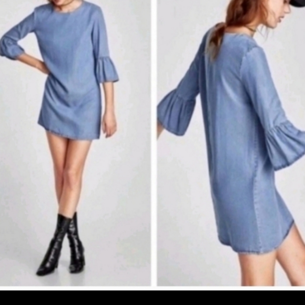 Zara Chambray Denim Flare 3/4 Sleeve Shift Dress Blue Nwts